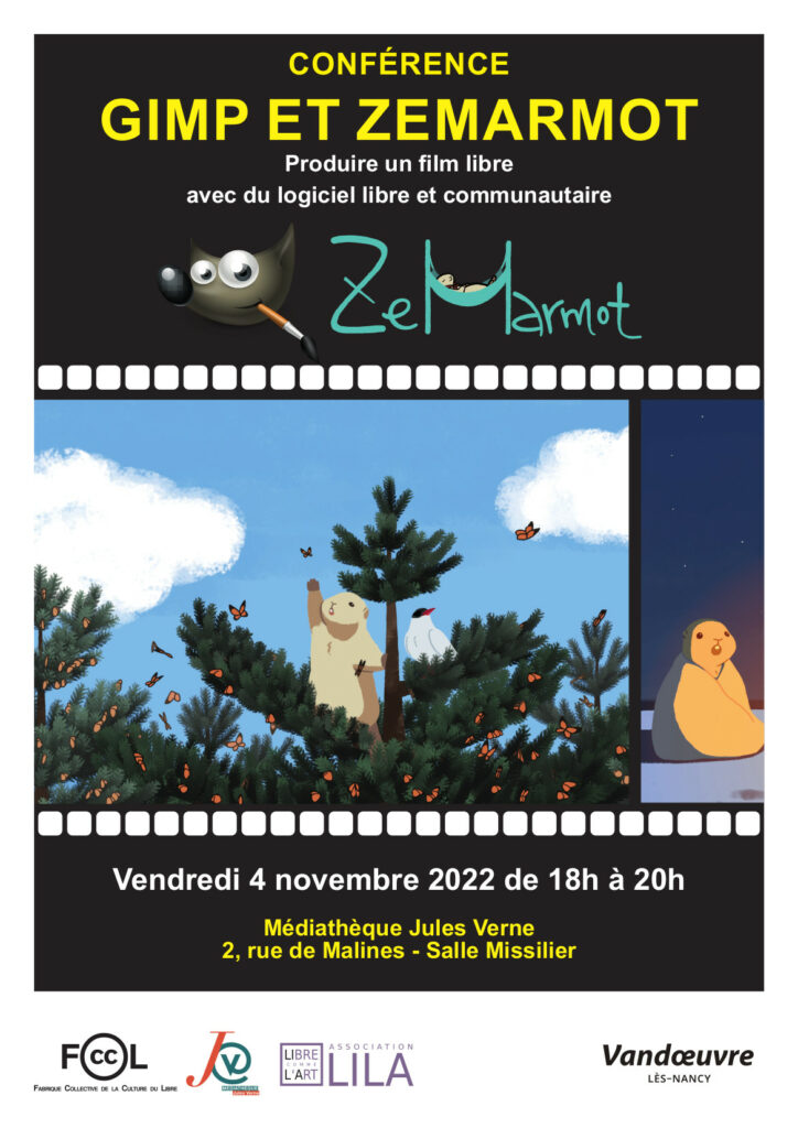 Poster for the talk "GIMP et ZeMarmot" of 4 November 2022 in VandÅ“uvre-lÃ¨s-Nancy